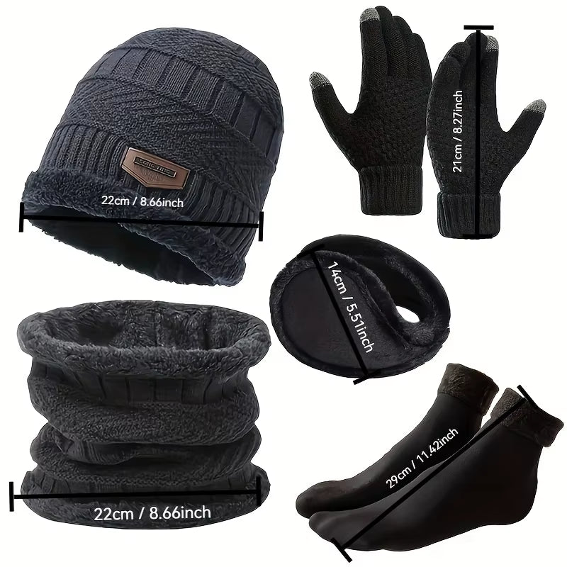 5Pcs/Set Winter Warmth Combination - Cold Resistant Knitted Hat+Velvet Neck+Thick Gloves+Plush Earmuffs+Snow Socks