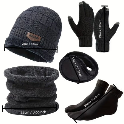 5Pcs/Set Winter Warmth Combination - Cold Resistant Knitted Hat+Velvet Neck+Thick Gloves+Plush Earmuffs+Snow Socks