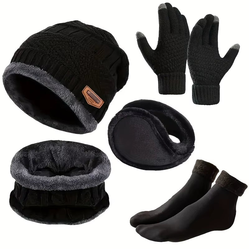 5Pcs/Set Winter Warmth Combination - Cold Resistant Knitted Hat+Velvet Neck+Thick Gloves+Plush Earmuffs+Snow Socks