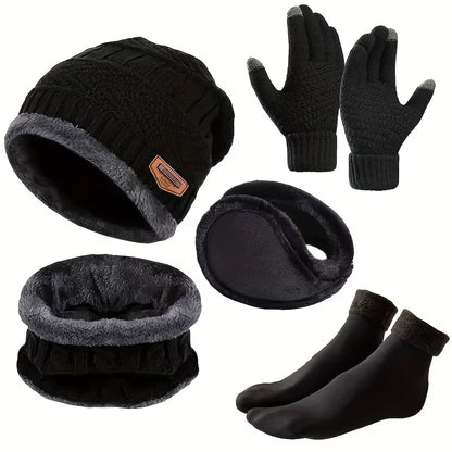 5Pcs/Set Winter Warmth Combination - Cold Resistant Knitted Hat+Velvet Neck+Thick Gloves+Plush Earmuffs+Snow Socks