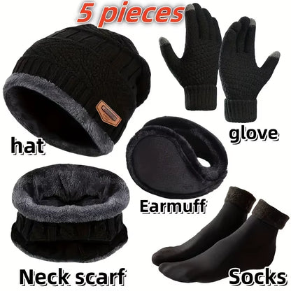 5Pcs/Set Winter Warmth Combination - Cold Resistant Knitted Hat+Velvet Neck+Thick Gloves+Plush Earmuffs+Snow Socks