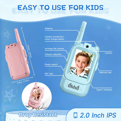 Video Walkie Talkies for Kids 2 Pack Rechargeable Toddler Toys for Indoor Camping Travel Birthday Gfits for Kids Ages 3-12