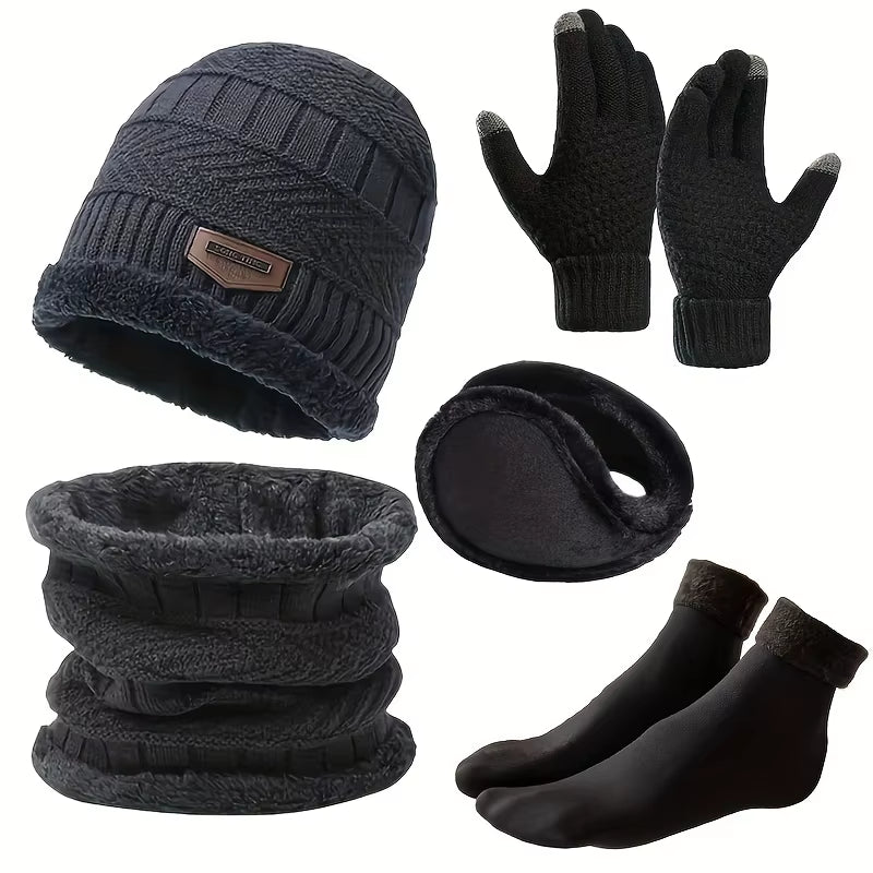 5Pcs/Set Winter Warmth Combination - Cold Resistant Knitted Hat+Velvet Neck+Thick Gloves+Plush Earmuffs+Snow Socks