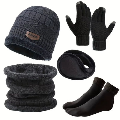 5Pcs/Set Winter Warmth Combination - Cold Resistant Knitted Hat+Velvet Neck+Thick Gloves+Plush Earmuffs+Snow Socks