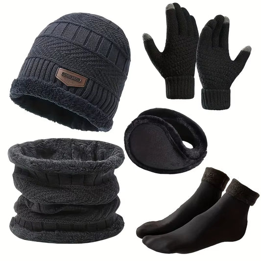 5Pcs/Set Winter Warmth Combination - Cold Resistant Knitted Hat+Velvet Neck+Thick Gloves+Plush Earmuffs+Snow Socks